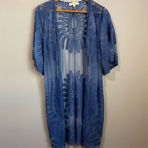Rebellion Women's Blue Sheer Lace Open Boho Cover-up Cardigan Size Medium